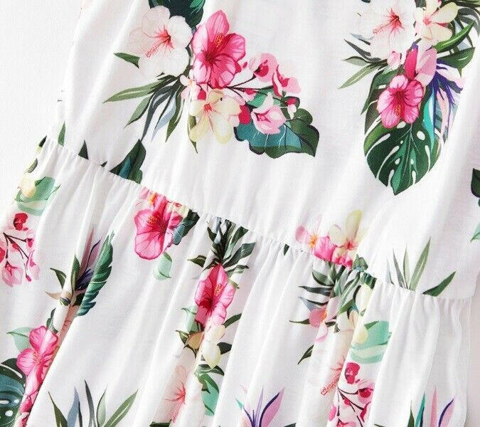 Pink Hibiscus Print Bow Shoulder White Dress - MARIGOLD
