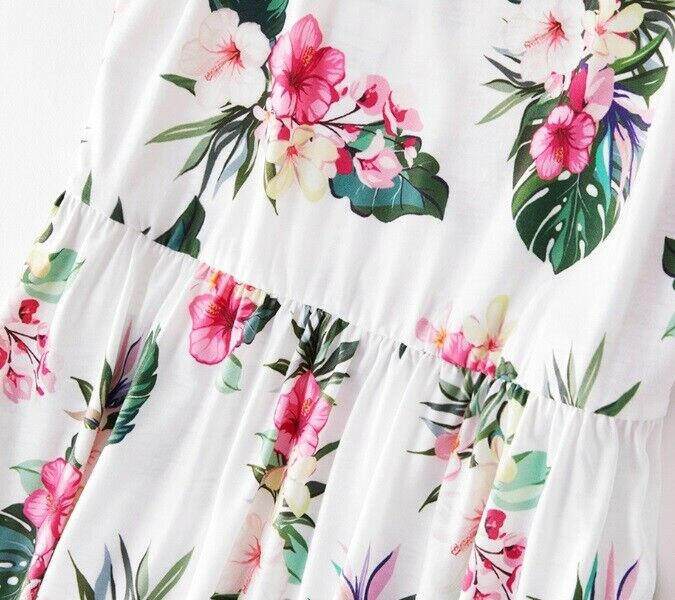 Pink Hibiscus Print Bow Shoulder White Dress - MARIGOLD
