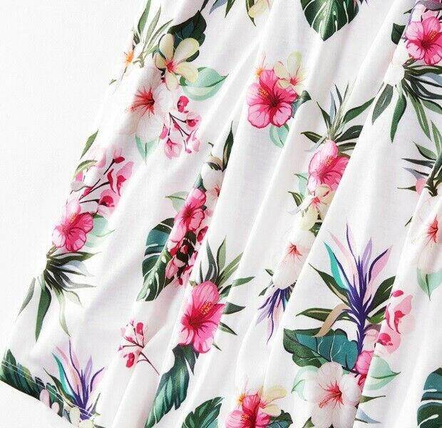 Pink Hibiscus Print Bow Shoulder White Dress - MARIGOLD