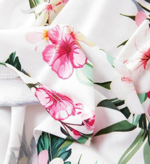 Pink Hibiscus Print Bow Shoulder White Dress - MARIGOLD