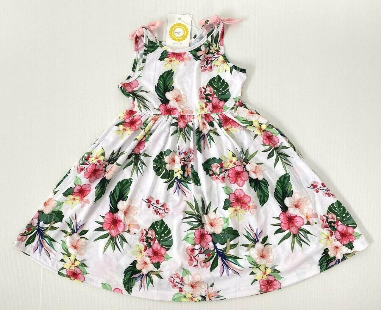 Pink Hibiscus Print Bow Shoulder White Dress - MARIGOLD