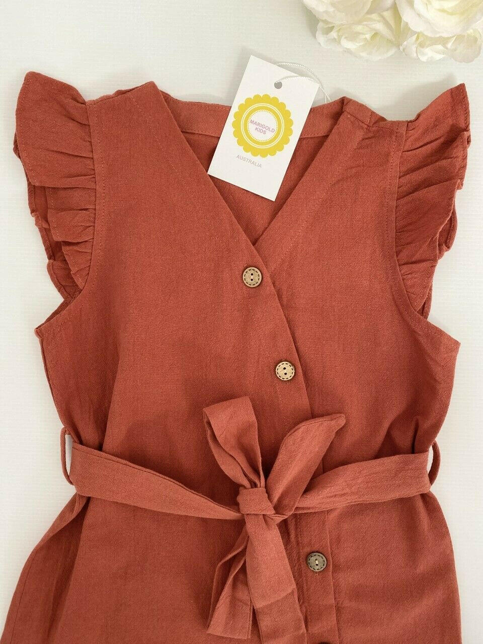 Sienna curved hem belted girls dress - MARIGOLD