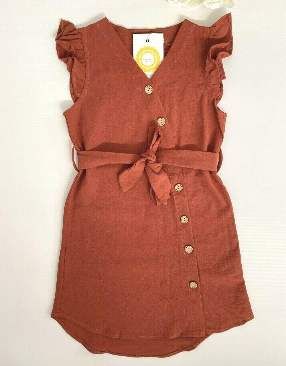 Sienna curved hem belted girls dress - MARIGOLD