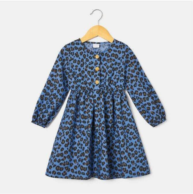 size 2 years new girls dress leopard print blue chambray long sleeve dress - MARIGOLD