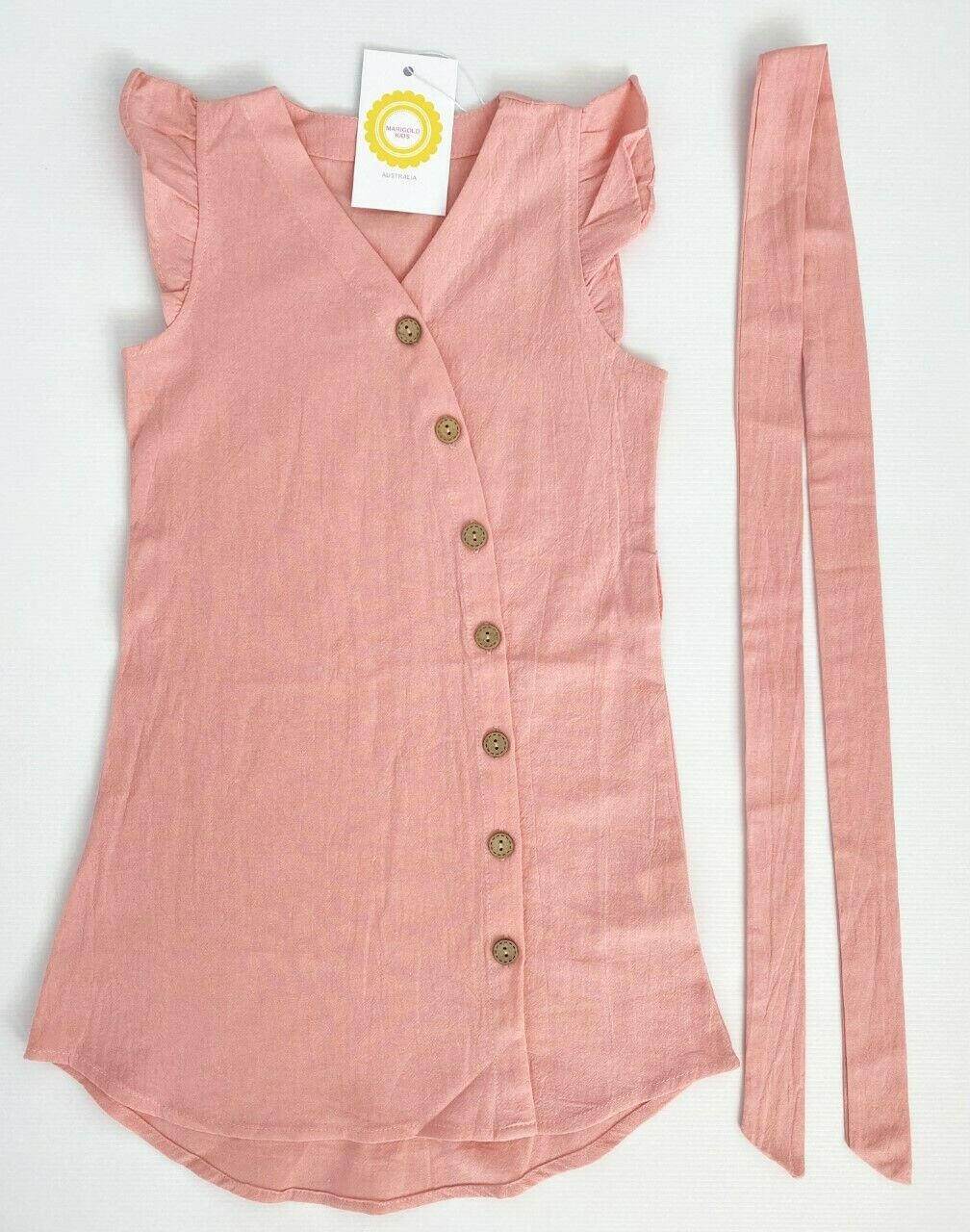 size 2y to 6-7 years new girls dress pink curve hem button dress with belt - MARIGOLD