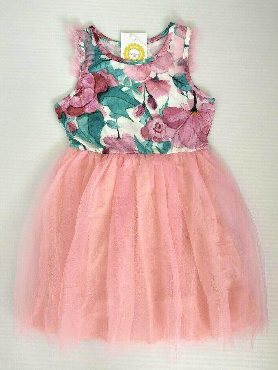 girls dress new size 3/4/6/7/8y pink floral tulle flutter sleeve girls dress - MARIGOLD