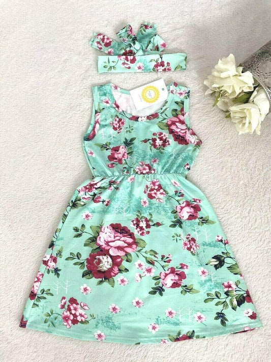 Girls Pink Floral Print Green Dress and Headband Set - MARIGOLD