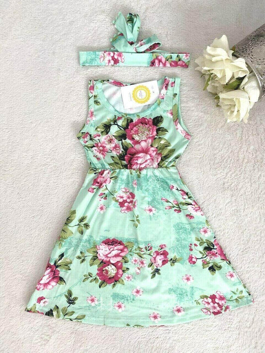 Girls Pink Floral Print Green Dress and Headband Set - MARIGOLD
