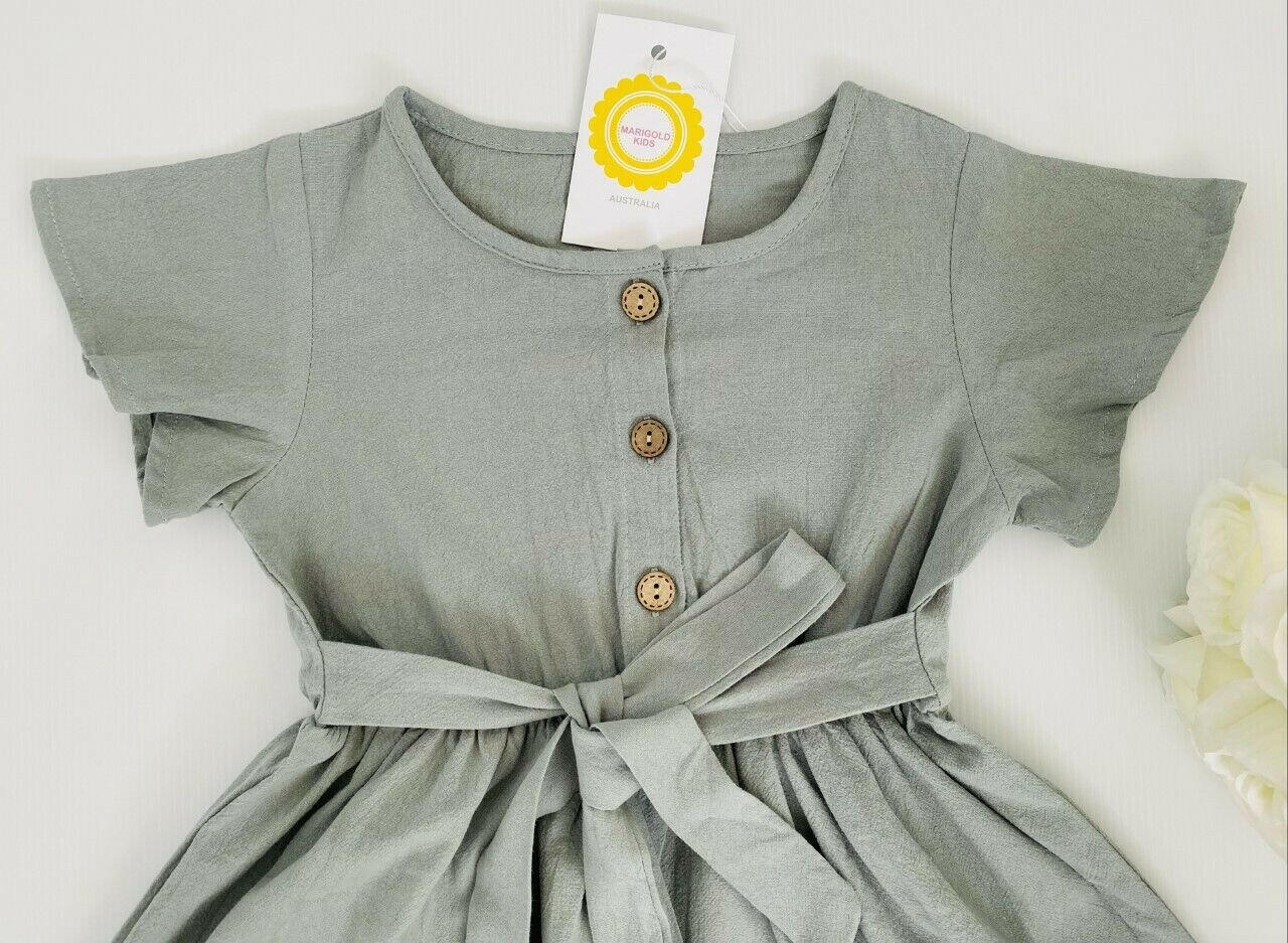 Natural green cotton belted button dress - MARIGOLD