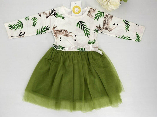 size 5-6 years new deer print green tulle long sleeve girls dress - 1 left! - MARIGOLD