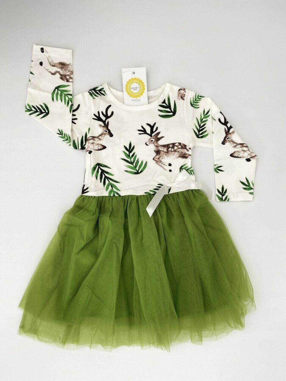 size 5-6 years new deer print green tulle long sleeve girls dress - 1 left! - MARIGOLD