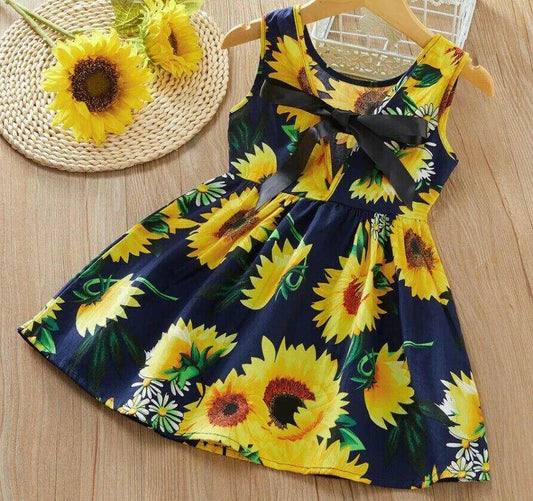 Sunflower-Print Navy Blue Dress with Black Satin Bow - MARIGOLD