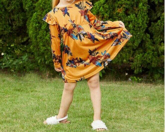 Amber Floral Longsleeve Girls Dress - MARIGOLD