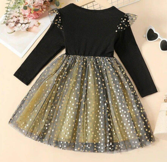 Ebony Black Gold Star Sprinkles Tulle Dress - Size 5-6 Years - MARIGOLD