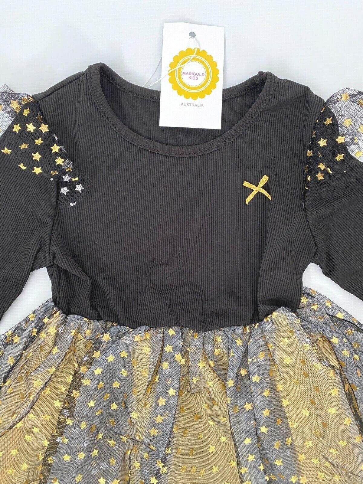 Ebony Black Gold Star Sprinkles Tulle Dress - Size 5-6 Years - MARIGOLD