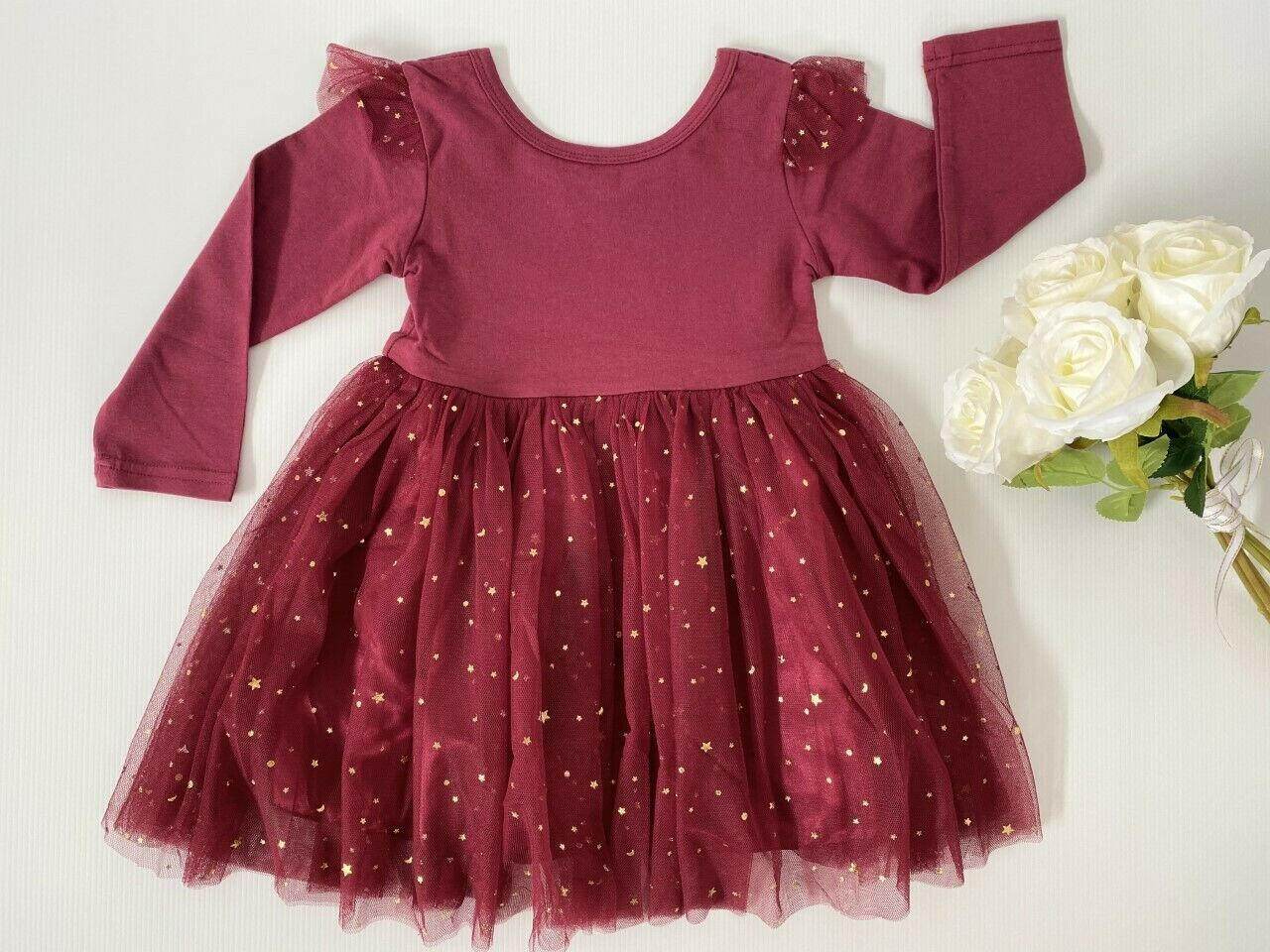 Girls dress burgundy gold stars and moon tulle girls dress - MARIGOLD