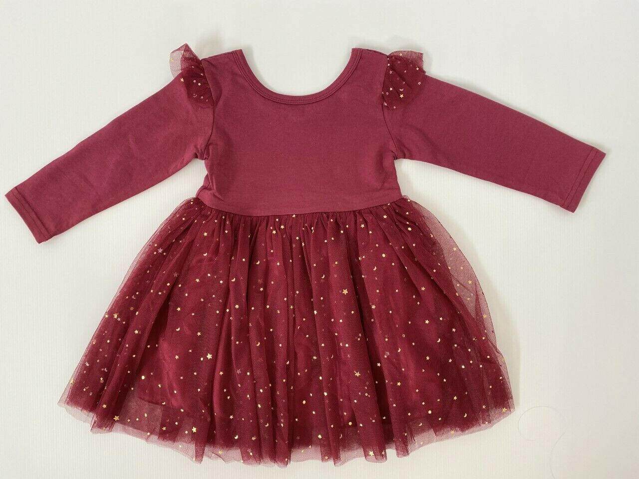 Girls dress burgundy gold stars and moon tulle girls dress - MARIGOLD