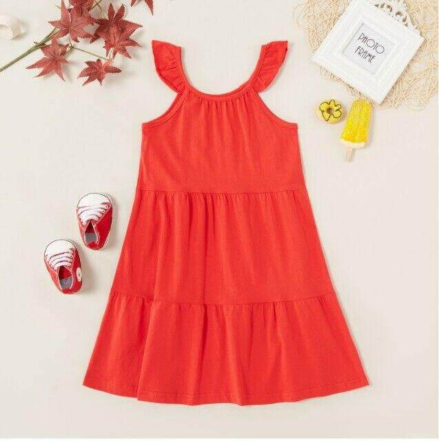 Girls Dress New Flutter Sleeve Tiered Red Girls Dress - MARIGOLD