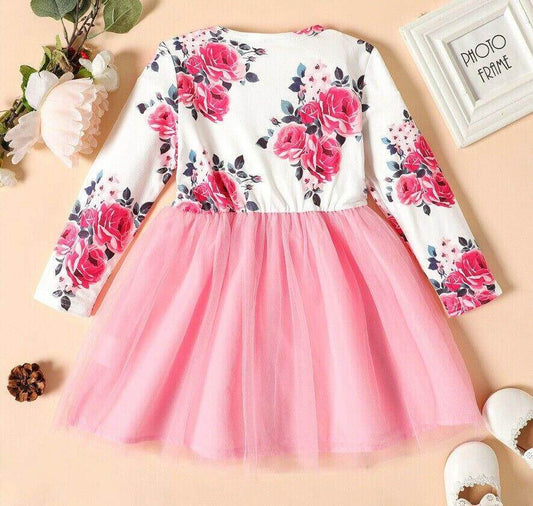 girls dress new pink floral bowknot long sleeve tulle girls dress - MARIGOLD