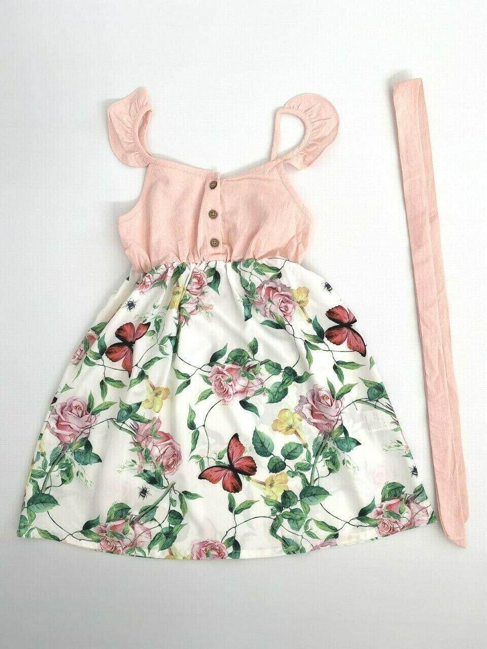 Girls Dress Pink Floral Butterfly Flutter Sleeve Dress (Size 4-5 Years) - MARIGOLD