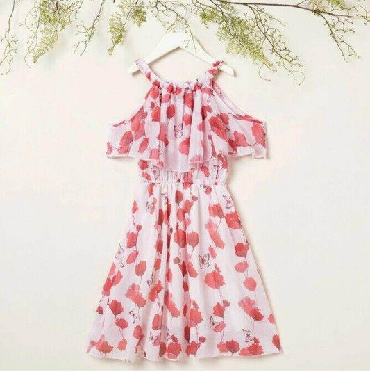 Girls Dress - Pink Red Floral Butterfly Print Cold Shoulder Dress - MARIGOLD