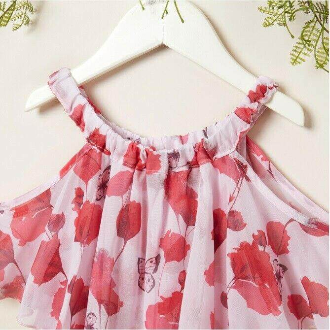 Girls Dress - Pink Red Floral Butterfly Print Cold Shoulder Dress - MARIGOLD