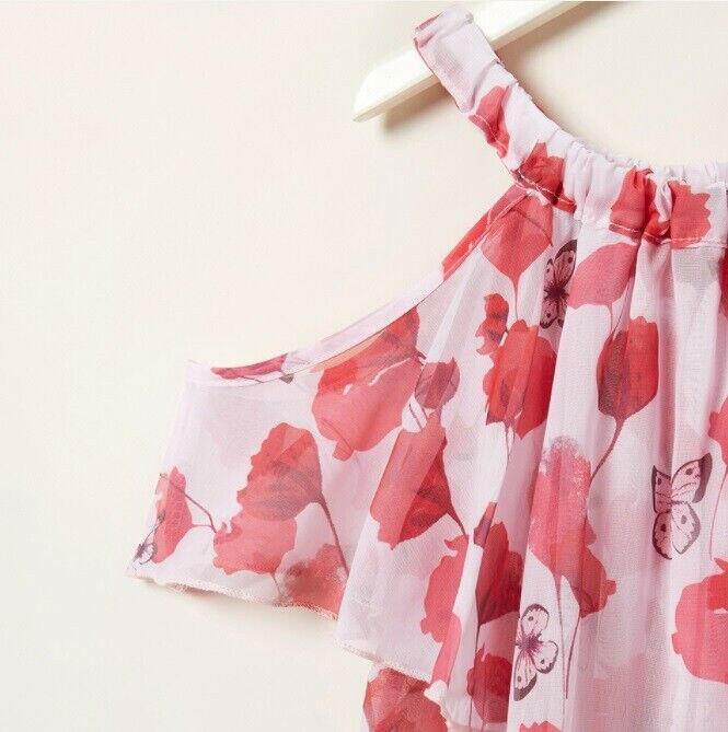 Girls Dress - Pink Red Floral Butterfly Print Cold Shoulder Dress - MARIGOLD