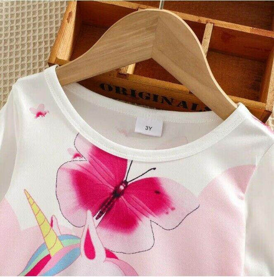girls dress pink unicorn & butterfly long sleeve dress size 18-24m / 3-4 years - MARIGOLD