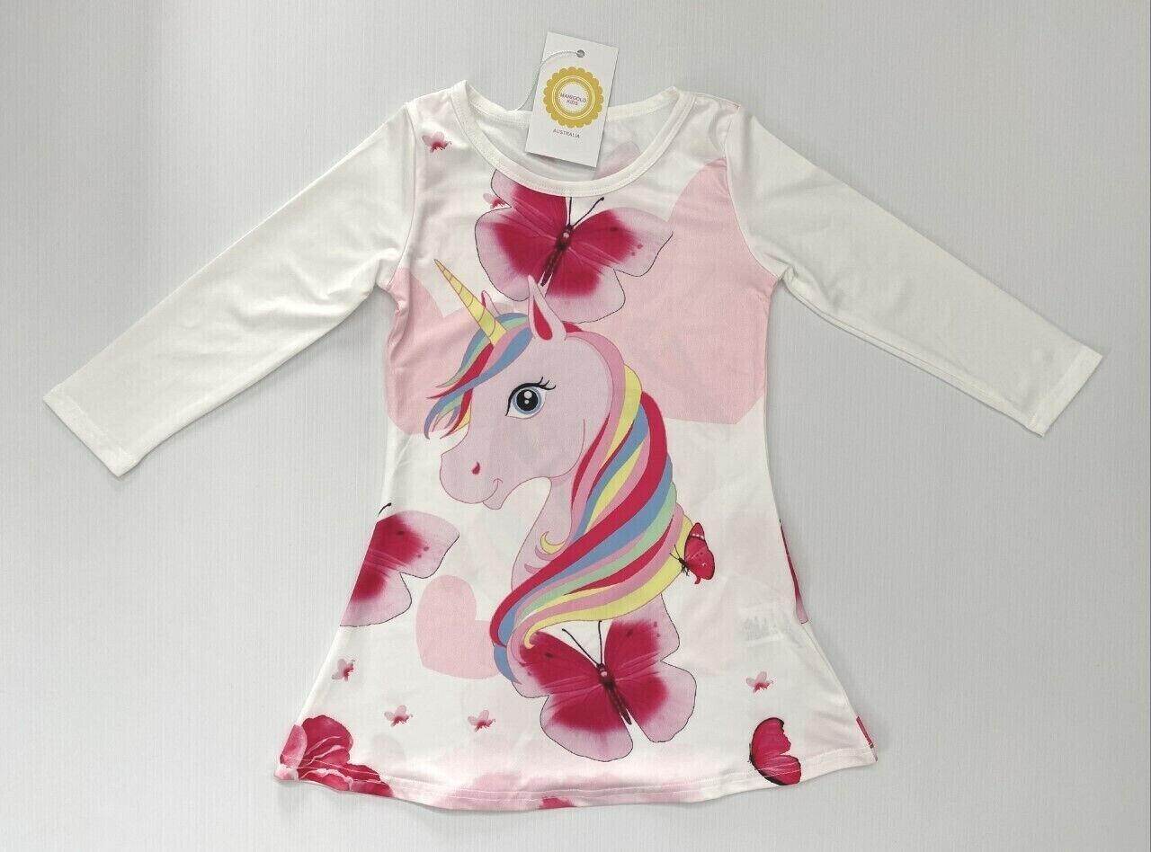 girls dress size 18-24m/3y/4y/5y pink unicorn and butterfly long sleeve dress - MARIGOLD