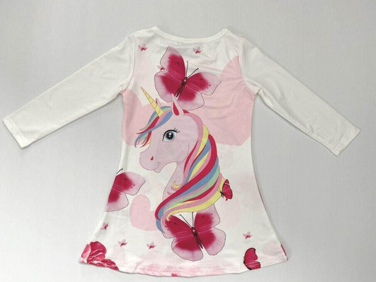 girls dress size 18-24m/3y/4y/5y pink unicorn and butterfly long sleeve dress - MARIGOLD