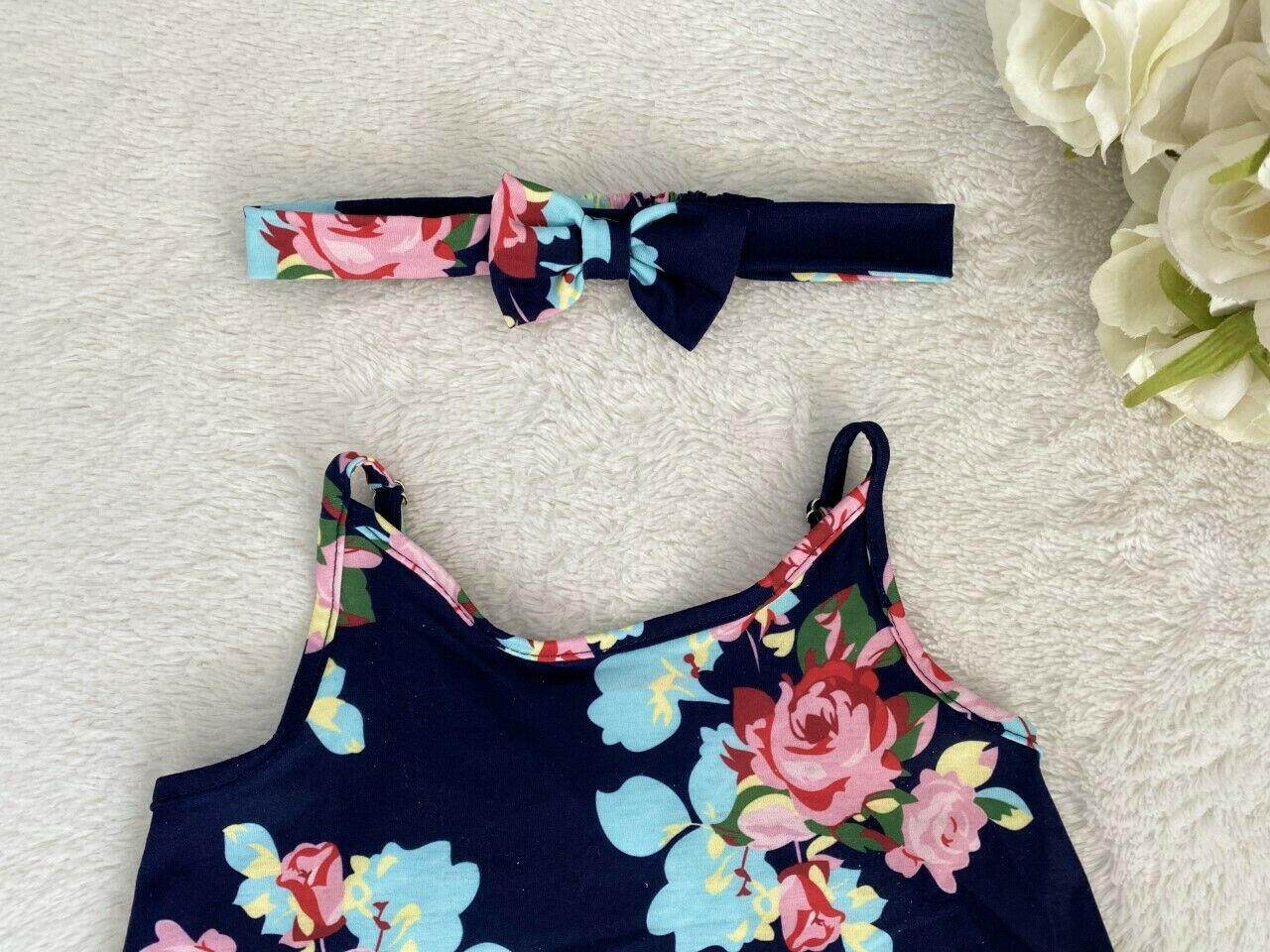 Girls Pink Floral Print Navy Blue Dress & Bow Headband Set - MARIGOLD