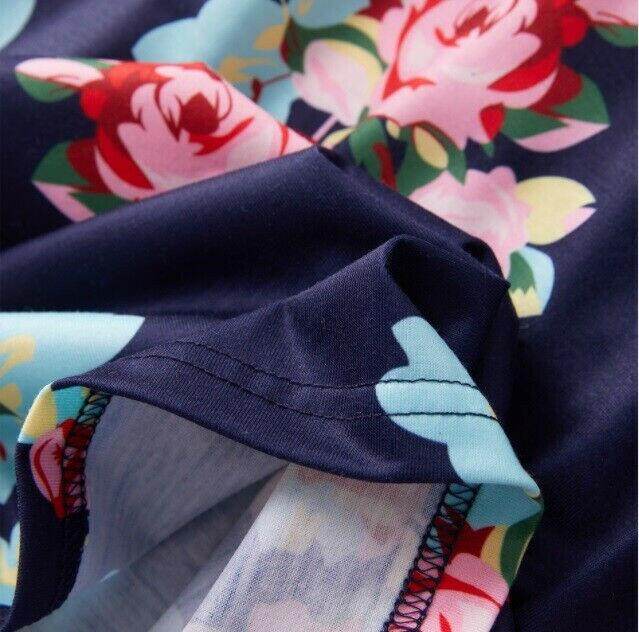Girls Pink Floral Print Navy Blue Dress & Bow Headband Set - MARIGOLD