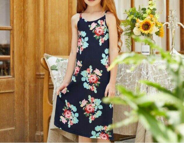 Girls Pink Floral Print Navy Blue Dress & Bow Headband Set - MARIGOLD