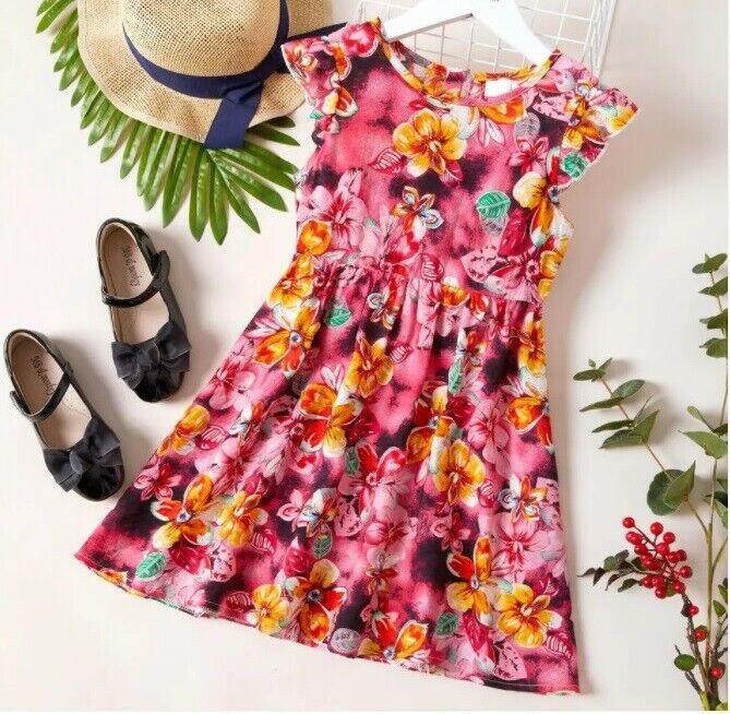 size 4/5/7/8/9/10/11 years new pink tropical floral flutter sleeve girls dress - MARIGOLD