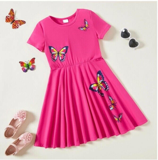 size 4-5 years new girls dress hot pink butterfly short sleeve dress -1 Left ! - MARIGOLD