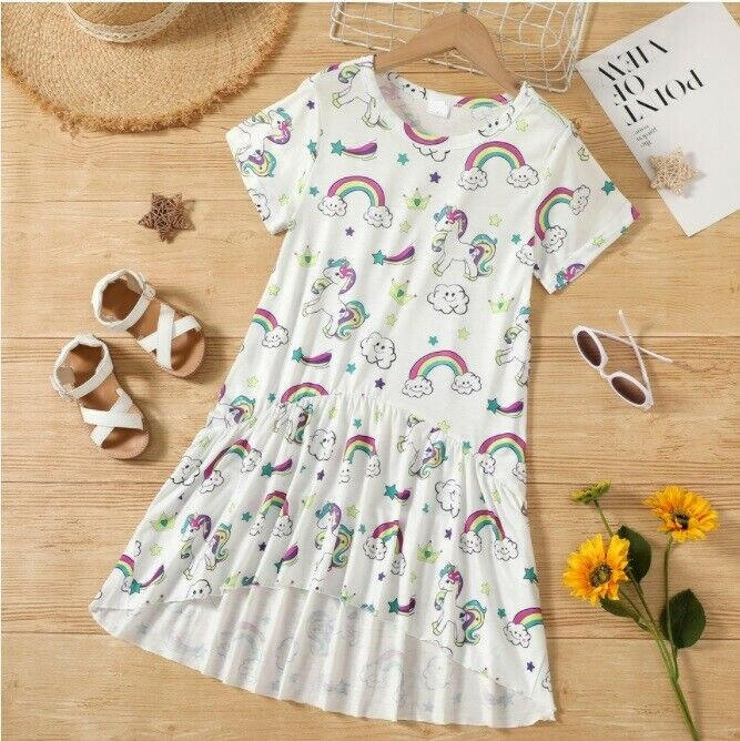 Unicorn and Rainbow Print Girls Dress – White - MARIGOLD