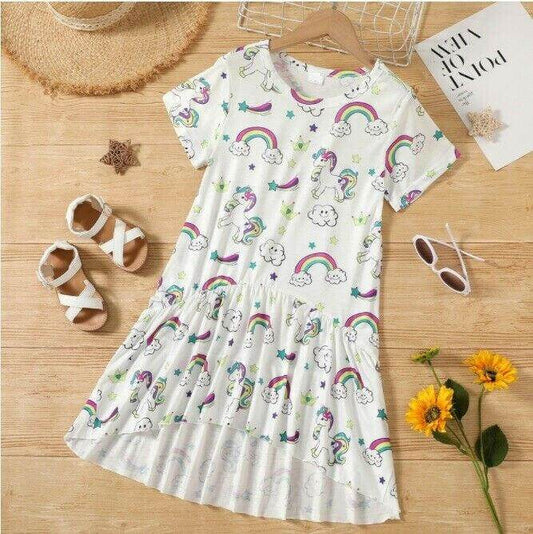 Unicorn and Rainbow Print Girls Dress – White - MARIGOLD