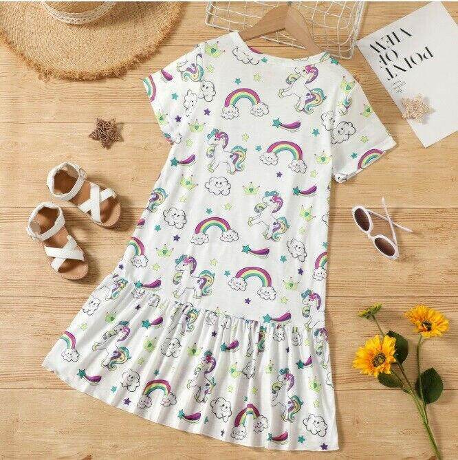 Unicorn and Rainbow Print Girls Dress – White - MARIGOLD