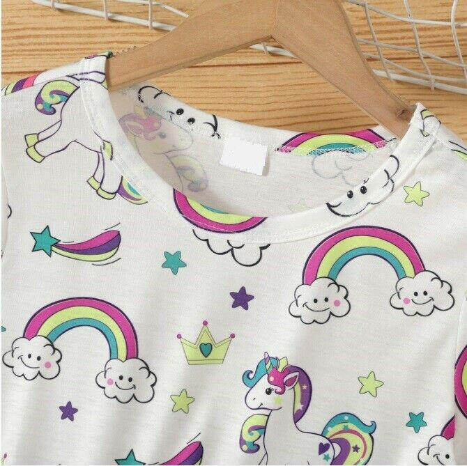 Unicorn and Rainbow Print Girls Dress – White - MARIGOLD