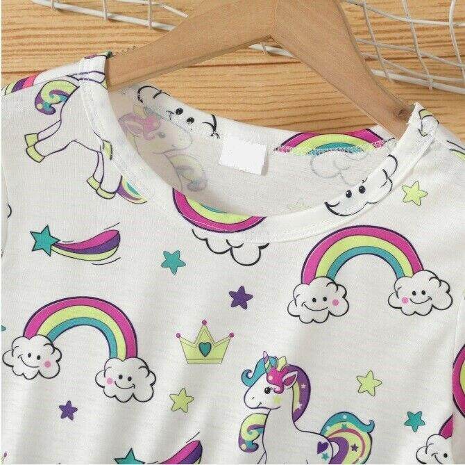 Unicorn and Rainbow Print Girls Dress – White - MARIGOLD
