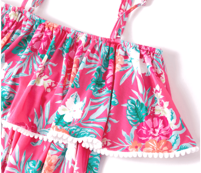 size 6-7 years girls dress pink hibiscus floral flounce maxi dress- 1 Left - MARIGOLD