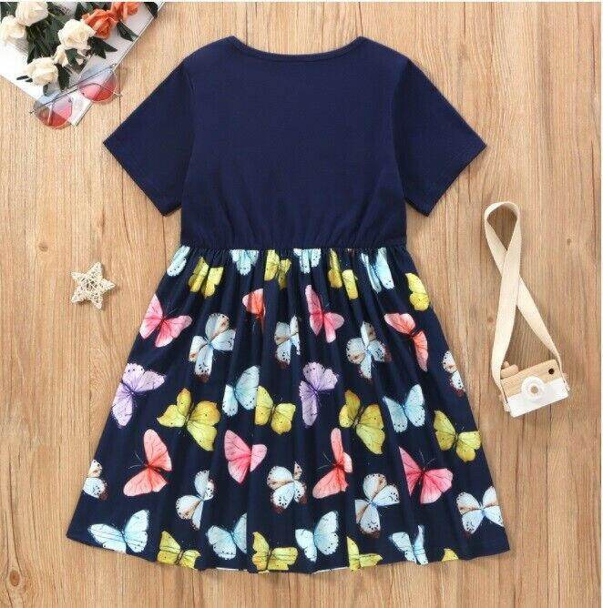 Girls' Dark Blue Butterfly Print Dress - MARIGOLD