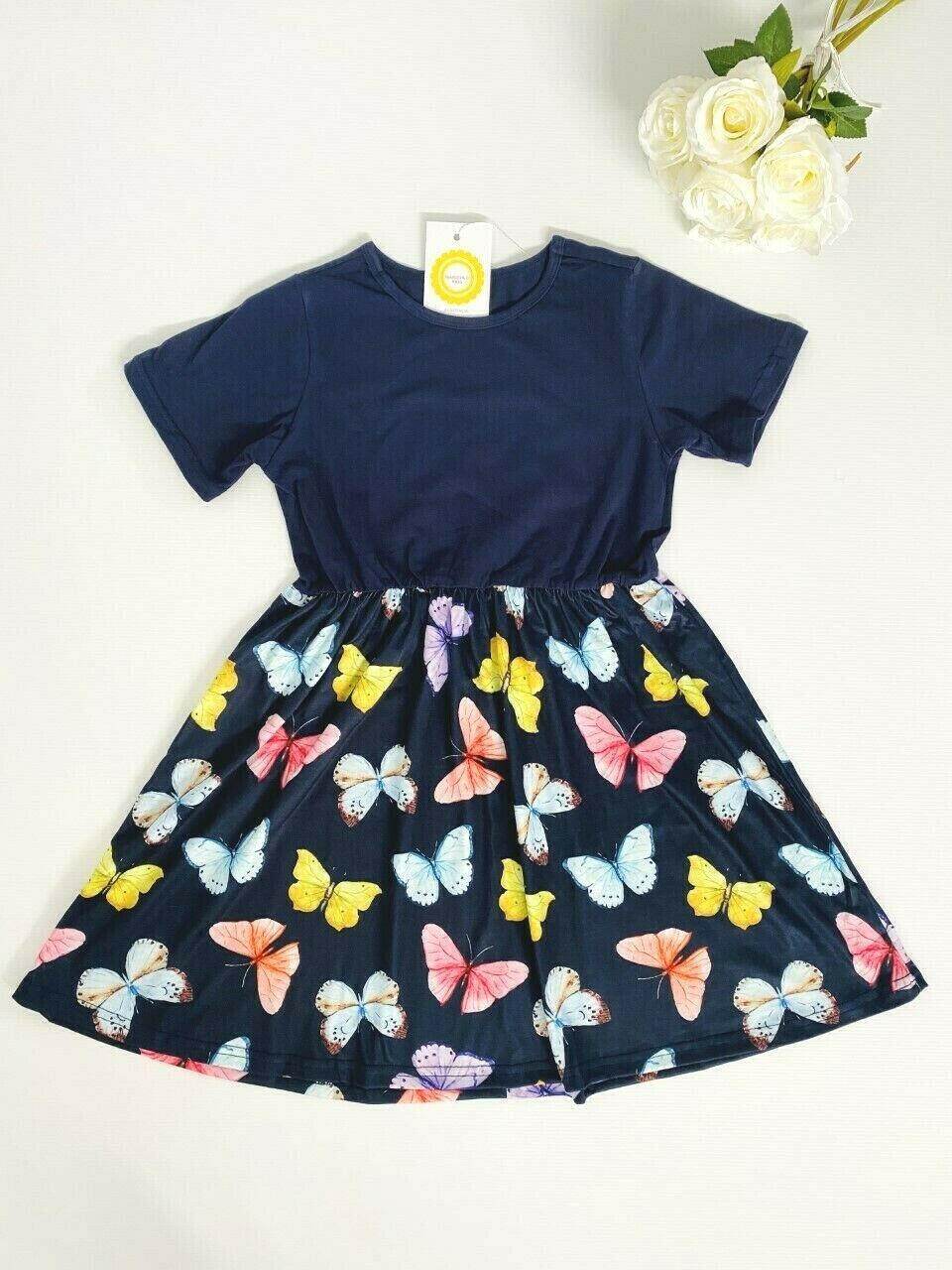 Girls' Dark Blue Butterfly Print Dress - MARIGOLD