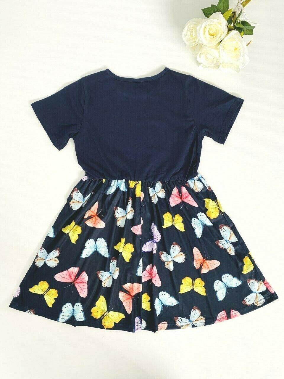 Girls' Dark Blue Butterfly Print Dress - MARIGOLD