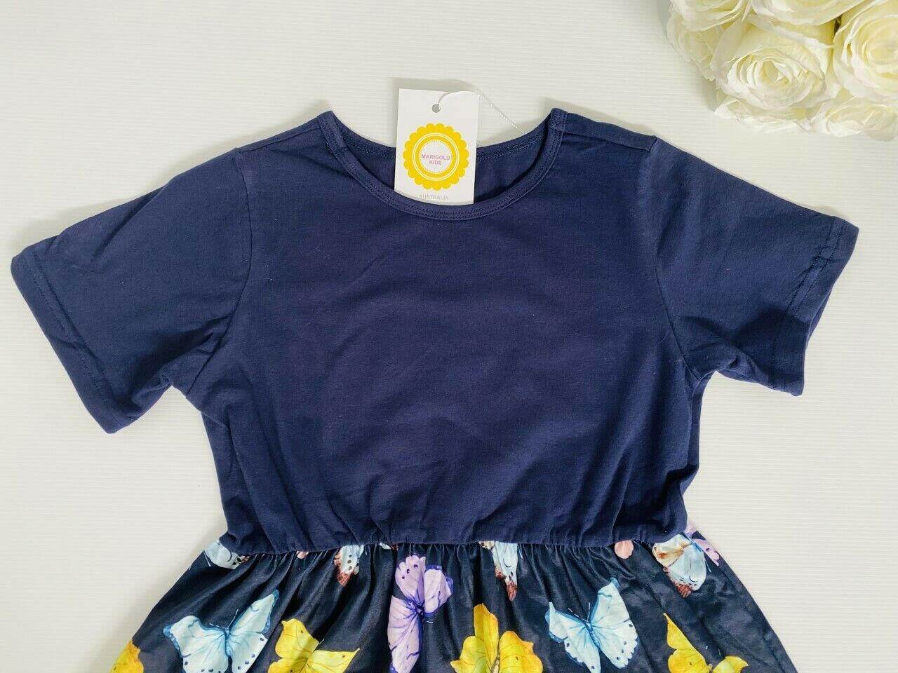 Girls' Dark Blue Butterfly Print Dress - MARIGOLD