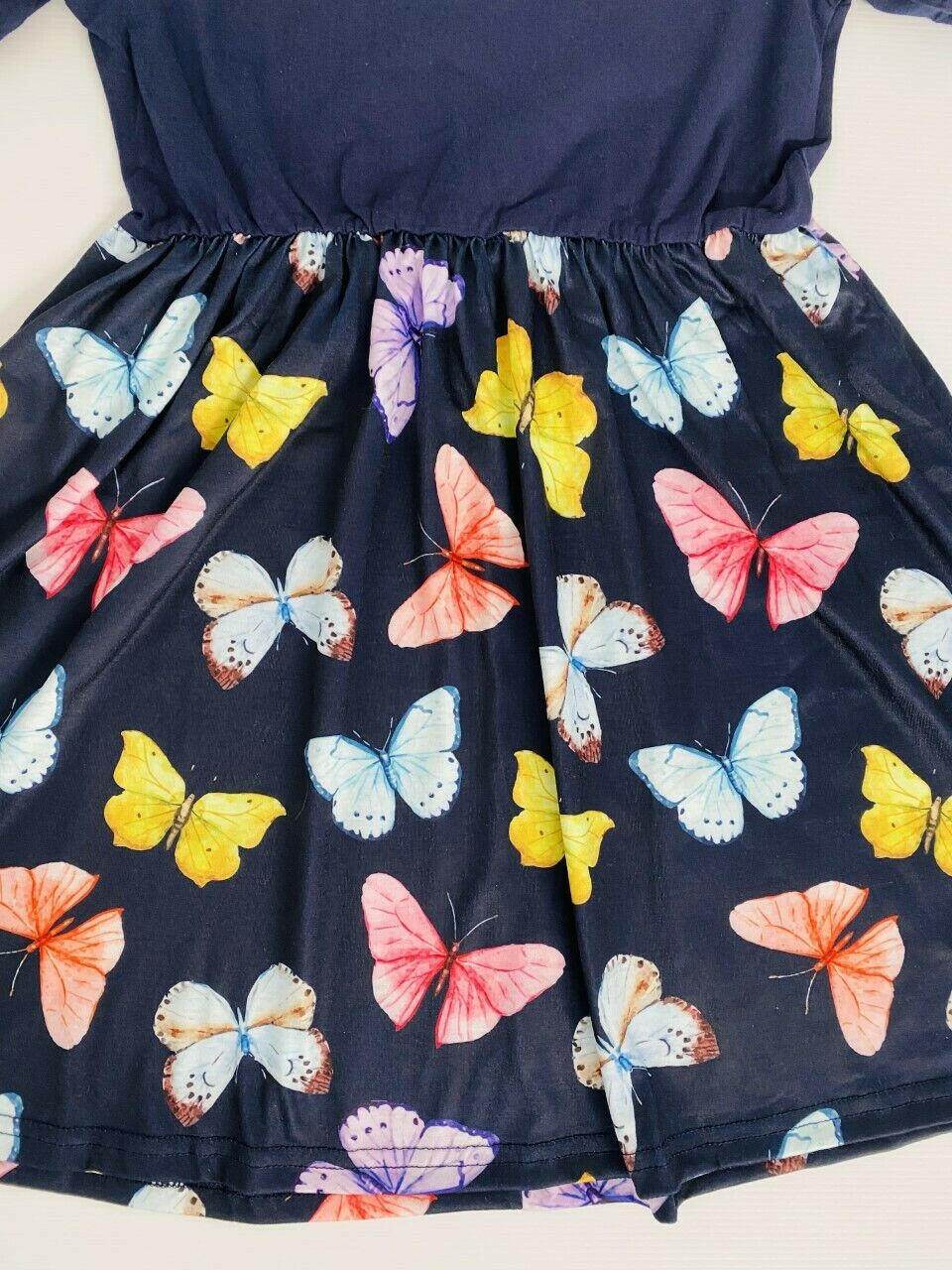 Girls' Dark Blue Butterfly Print Dress - MARIGOLD