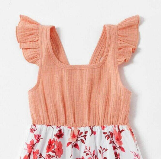 Girls Dress- Girls' Floral Print Coral Pink Pinafore Dress - MARIGOLD