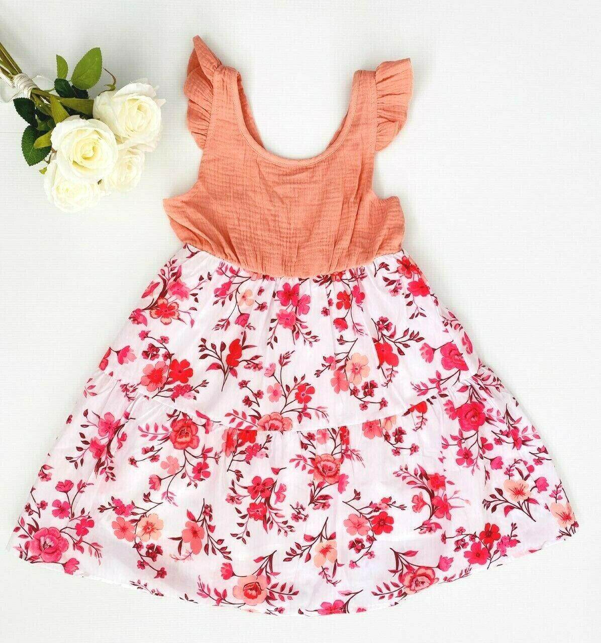 Girls Dress- Girls' Floral Print Coral Pink Pinafore Dress - MARIGOLD
