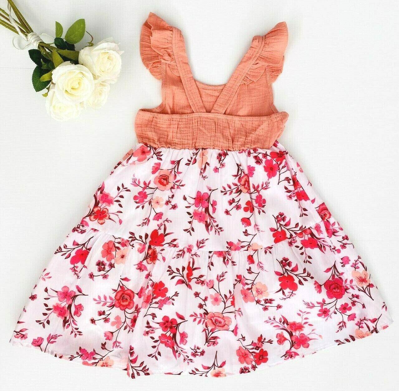 Girls Dress- Girls' Floral Print Coral Pink Pinafore Dress - MARIGOLD