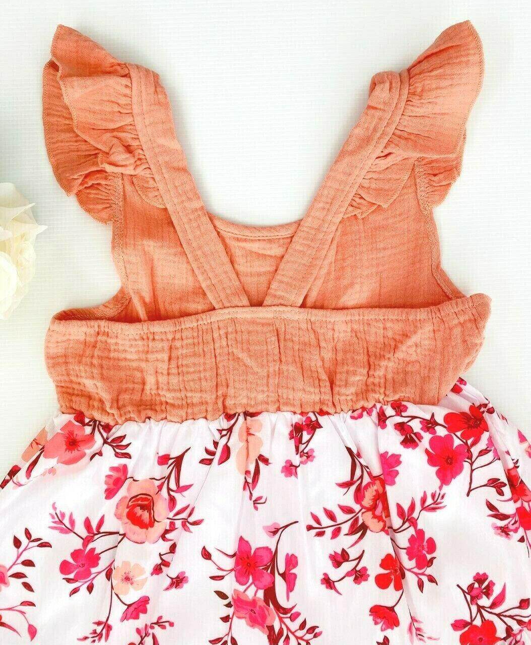 Girls Dress- Girls' Floral Print Coral Pink Pinafore Dress - MARIGOLD